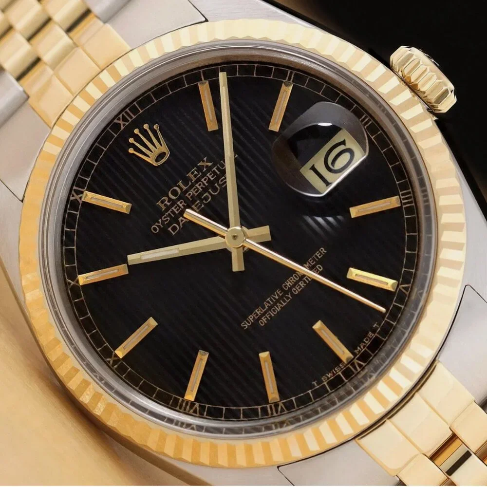 ROLEX MENS DATEJUST BLACK TAPESTRY DIAL 18K YELLOW GOLD STEEL WATCH